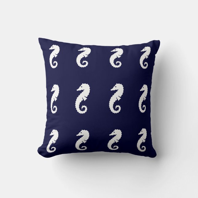 SEAHORSE WHITE on NAVY BLUE PILLOW (Front)