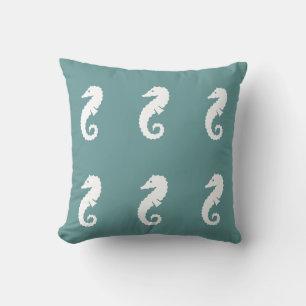 SEAHORSE WHITE on teal aqua blue pillow