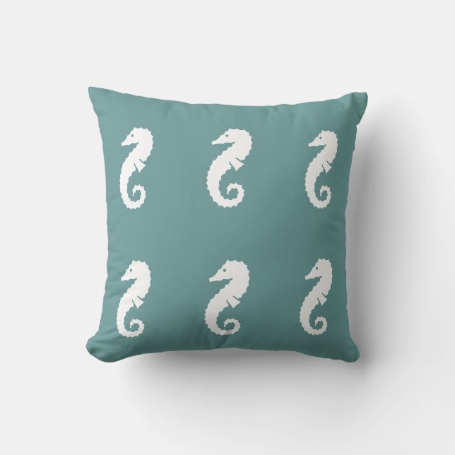 SEAHORSE WHITE on teal aqua blue pillow (Front)