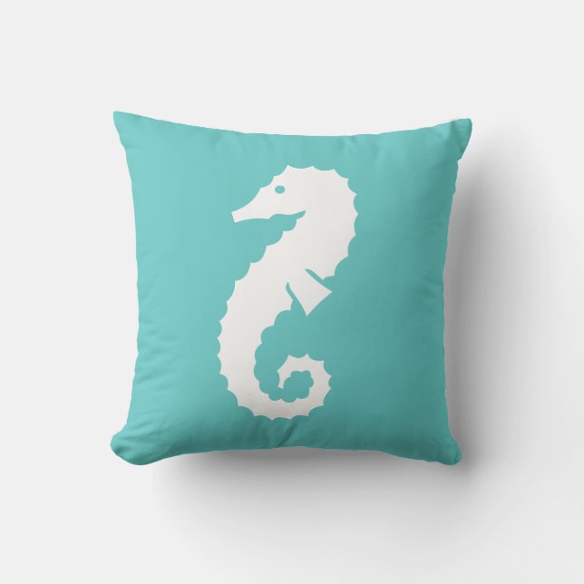 SEAHORSE WHITE on teal blue pillow (Front)