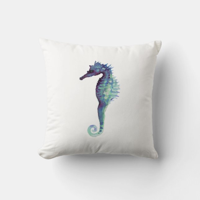 Seahorse white pillow purple seahorses watercolor (Front)