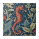 Seahorse William Morris style R Sea Ocean Marine Tile<br><div class="desc">"classy classic art nouveau",  "green underwater orange seahorse",  "hawaiian ocean marine animals",  "william morris ceramic tile",  "blue aquatic water life",  "seaside dark navy red",  "vintage right facing life",  "nautical wildlife wild animal",  "hawaii floral flower botanical",  "traditional beach coast antique"</div>