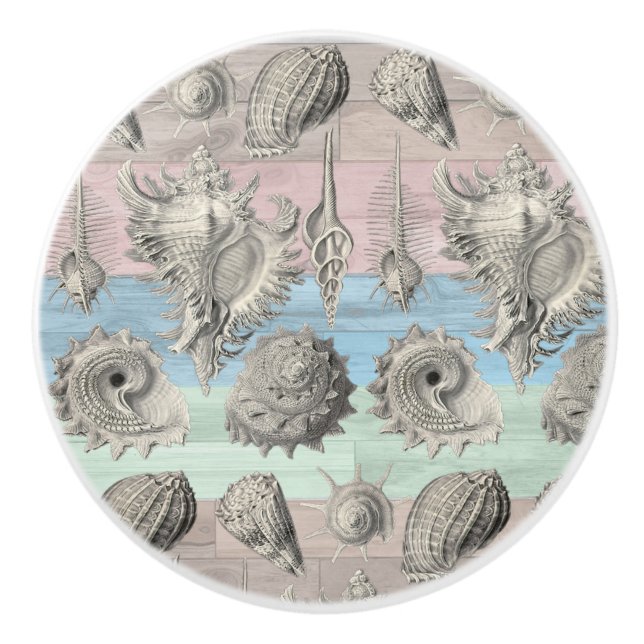 Seahorse Wood Nautical Beach Shells Blue Peach Ceramic Knob (Front)