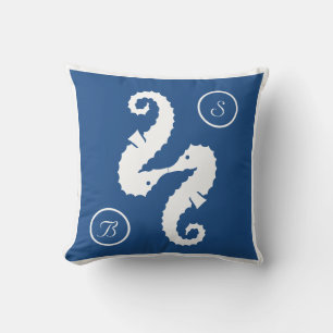 Seahorses + anchor beach wedding custom monogram cushion
