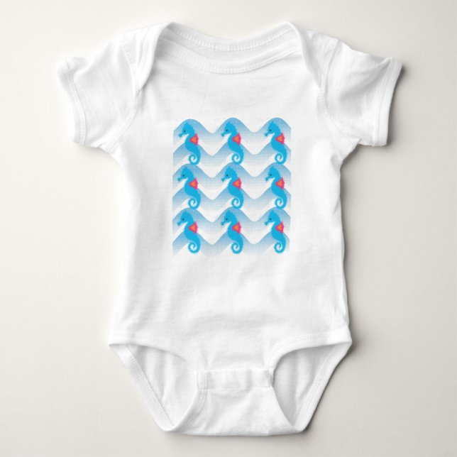 Seahorses And Blue Waves Pattern Baby Bodysuit (Front)