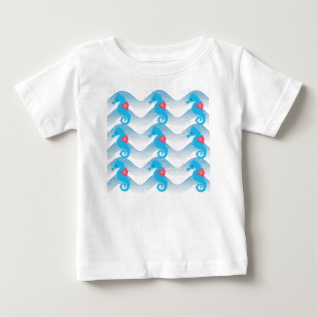 Seahorses And Blue Waves Pattern Baby T-Shirt (Front)