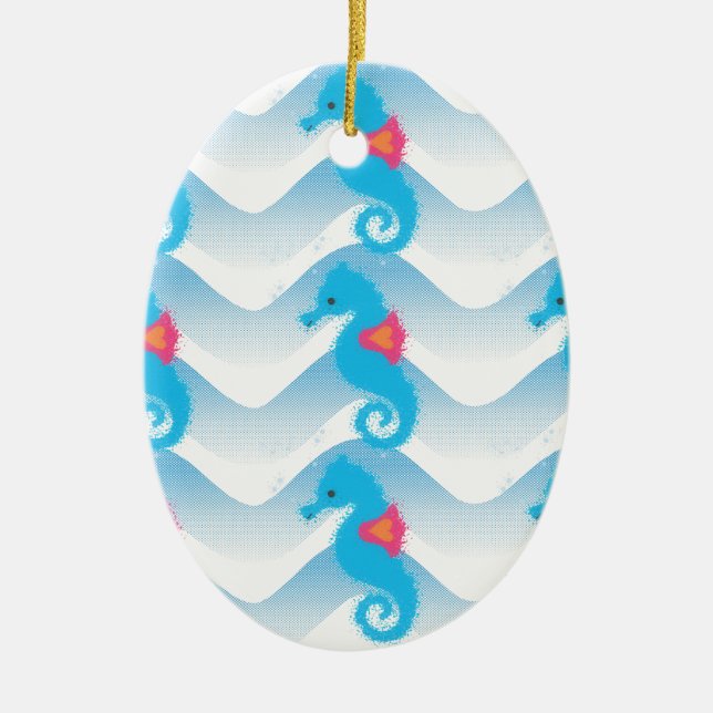 Seahorses And Blue Waves Pattern Ceramic Tree Decoration (Front)