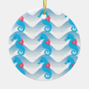 Seahorses And Blue Waves Pattern Ceramic Tree Decoration