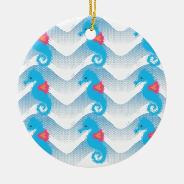 Seahorses And Blue Waves Pattern Ceramic Tree Decoration (Front)