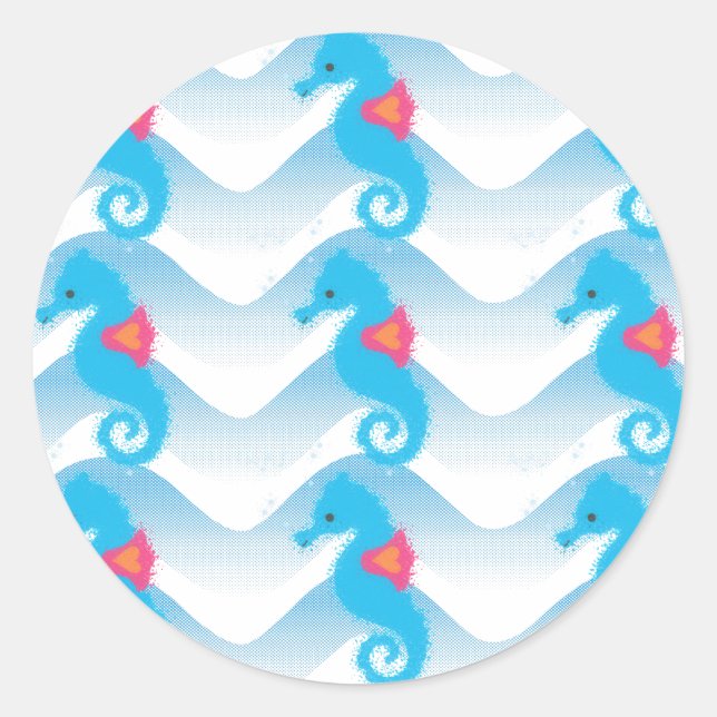 Seahorses And Blue Waves Pattern Classic Round Sticker (Front)