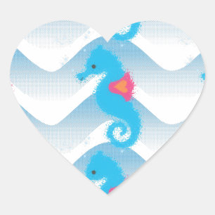 Seahorses And Blue Waves Pattern Heart Sticker