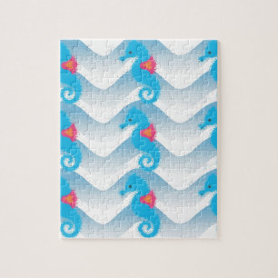 Seahorses And Blue Waves Pattern Jigsaw Puzzle
