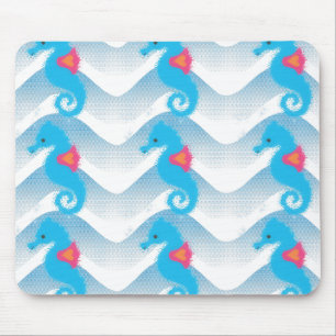 Seahorses And Blue Waves Pattern Mouse Mat