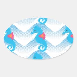 Seahorses And Blue Waves Pattern Oval Sticker