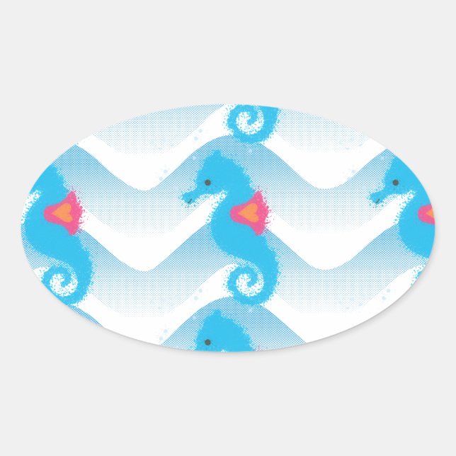 Seahorses And Blue Waves Pattern Oval Sticker (Front)