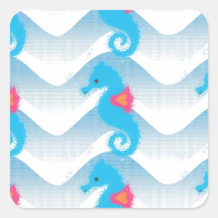 Seahorses And Blue Waves Pattern Square Sticker