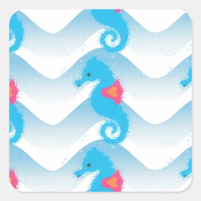 Seahorses And Blue Waves Pattern Square Sticker (Front)