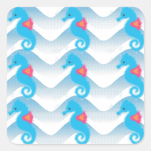 Seahorses And Blue Waves Pattern Square Sticker