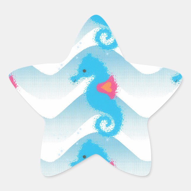 Seahorses And Blue Waves Pattern Star Sticker (Front)