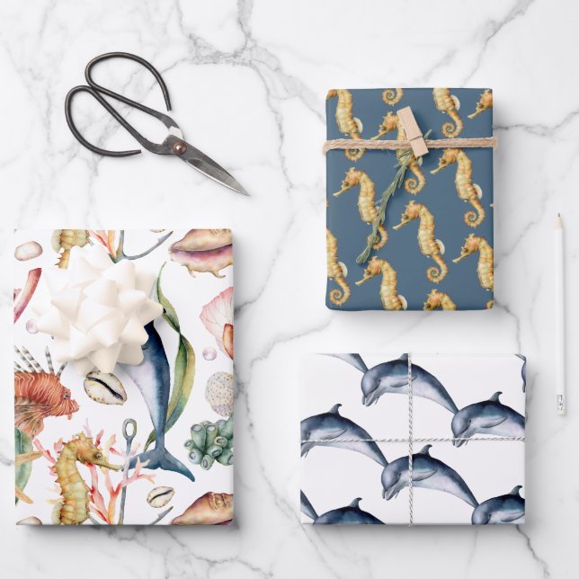 Seahorses and Dauphins, Nautical Matching Designs Wrapping Paper Sheet (Front)