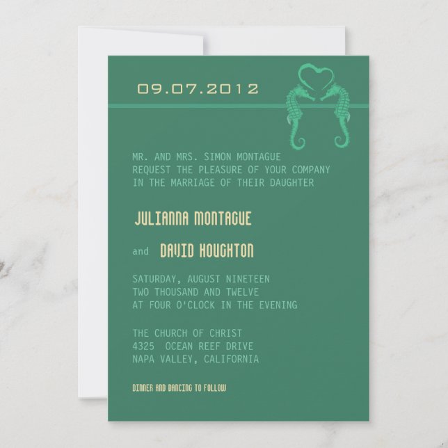 Seahorses and heart - sea green wedding invitation (Front)