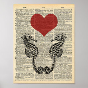 Seahorses and hearts on vintage dictionary page poster