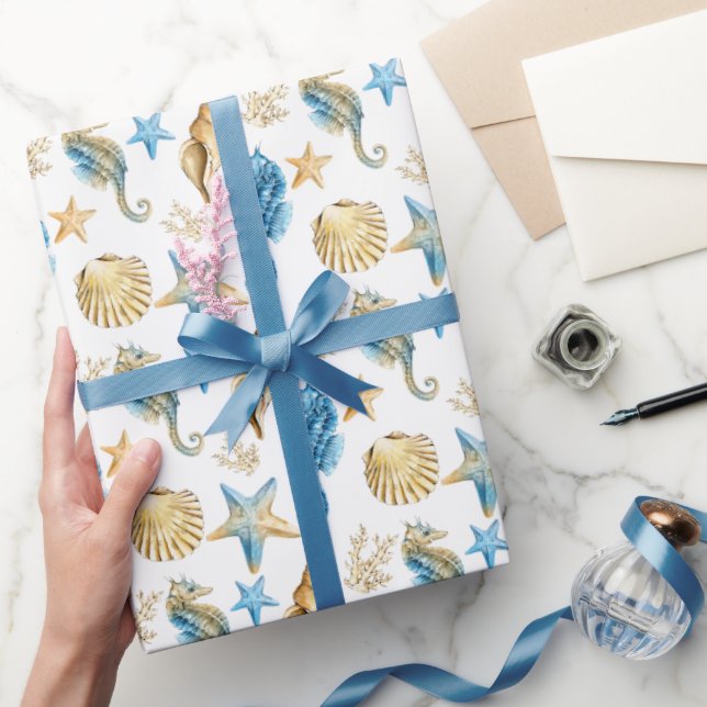 Seahorses and Seashells on White Wrapping Paper (Gifting)