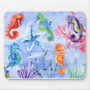 Seahorses And Starfish With Corals Pattern Mouse Mat
