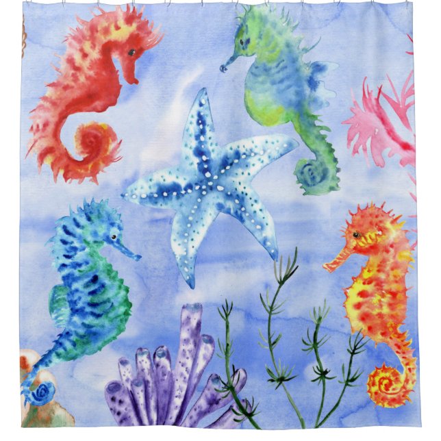 Seahorses And Starfish With Corals Pattern Shower Curtain (Front)