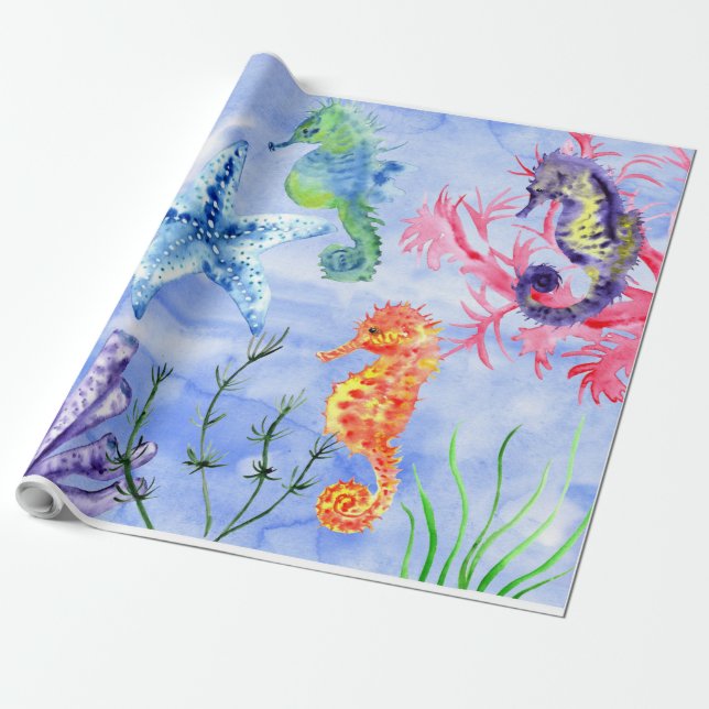 Seahorses And Starfish With Corals Pattern Wrapping Paper (Unrolled)