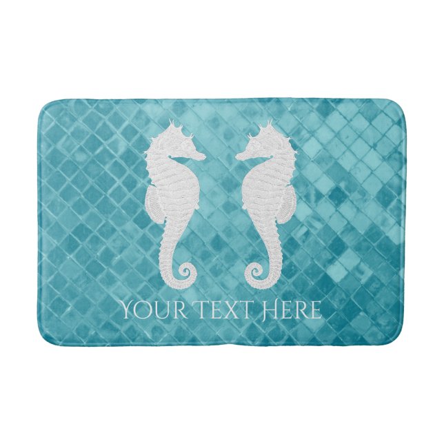 Seahorses Aqua Sea Glass Personalise Bath Mat (Front)