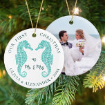 Seahorses Beach First Christmas Mr and Mrs Photo Ceramic Tree Decoration<br><div class="desc">Two cute aqua glitter seahorses are appropriate for this beach inspired newlyweds keepsake ornament, celebrating the happy couple’s first Christmas as Mr. & Mrs. There is a photo template on the back to make it easy to personalise. If you would like matching products or other colorways, please contact me through...</div>