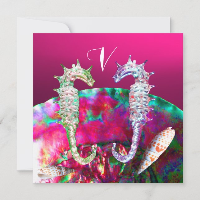 SEAHORSES BEACH WEDDING MONOGRAM, Pink black Invitation (Front)