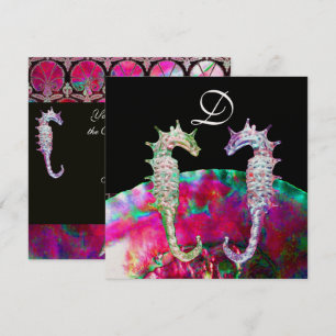 SEAHORSES BEACH WEDDING MONOGRAM, pink blue black Invitation