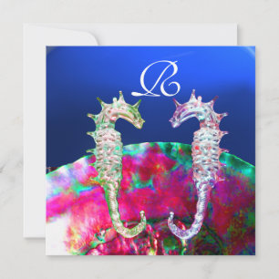 SEAHORSES BEACH WEDDING MONOGRAM, pink blue black Invitation