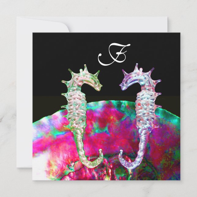 SEAHORSES BEACH WEDDING MONOGRAM, pink blue black Invitation (Front)