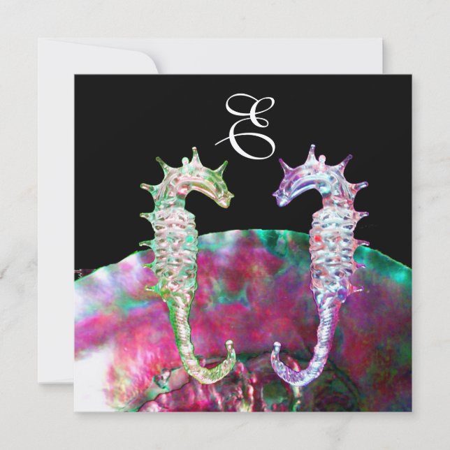 SEAHORSES BEACH WEDDING MONOGRAM, pink blue black Invitation (Front)