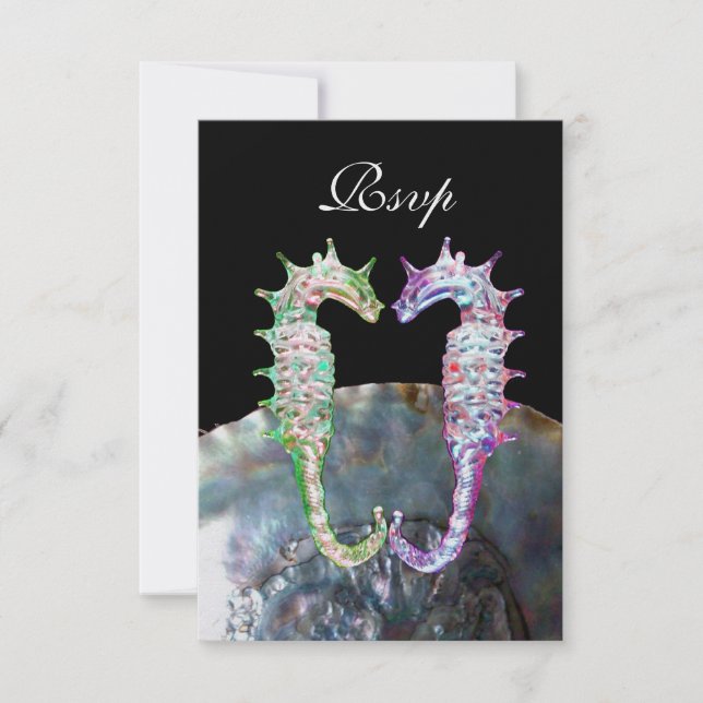 SEAHORSES BEACH WEDDING MONOGRAM,RSVP white black RSVP Card (Front)