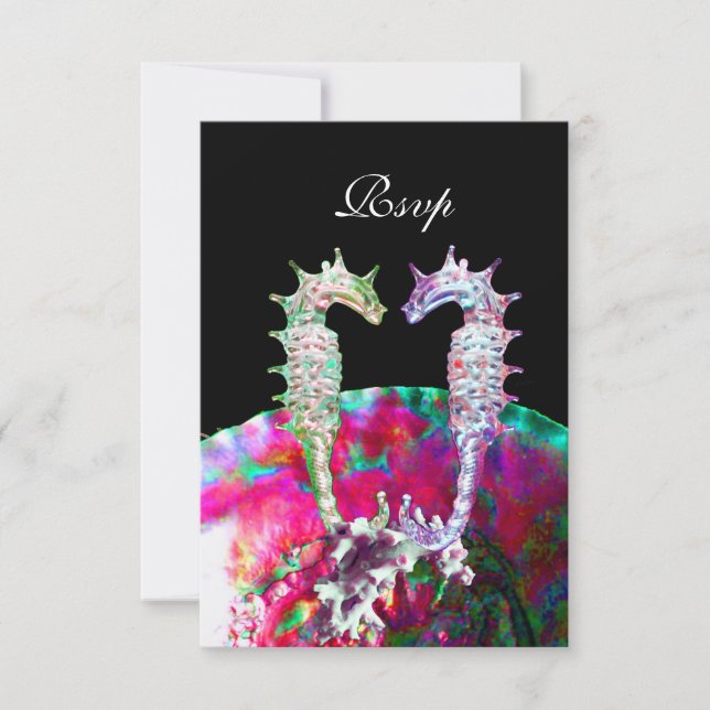 SEAHORSES BEACH WEDDING RSVP, pink blue black RSVP Card (Front)