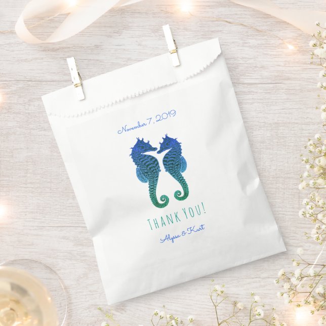 Seahorses Blue Green Beach Wedding Favour Bags (Clipped)