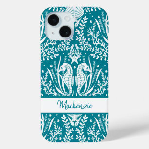 Seahorses Damask Teal Blue White Personalised iPhone 15 Case