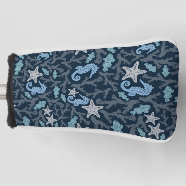 Seahorses Deep Blue Pattern Golf Head Cover (Front)