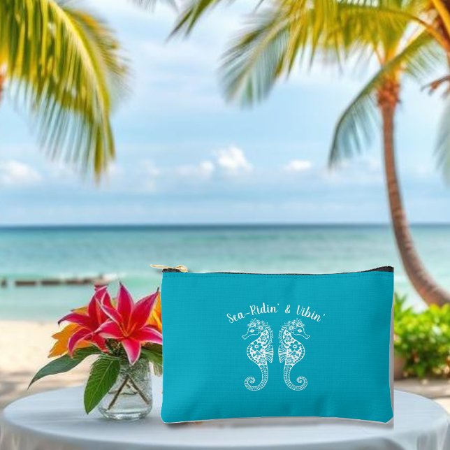 Seahorses-Fisherman Core-Hawaiian-Beach-Azure Accessory Pouch (Sea horses-Fisherman Core-Hawaiian-Tropical-Beach Bag-Suntan lotion bag-Azure)