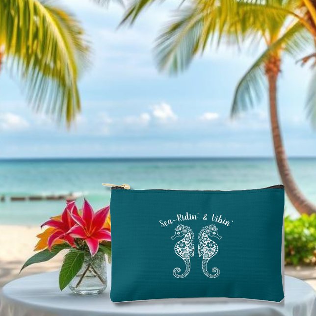 Seahorses-Fisherman Core-Hawaiian-Beach-Teal Accessory Pouch (Sea horses-Fisherman Core-Hawaiian-Tropical-Beach Bag-Suntan lotion bag-Teal)