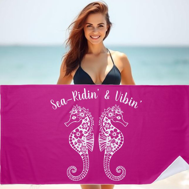Seahorses-Fisherman Core-Hawaiian-Tropical-Pink Beach Towel (Sea horses-Fisherman Core-Hawaiian-Tropical-Beach Towel-Pool Towel-Pink)