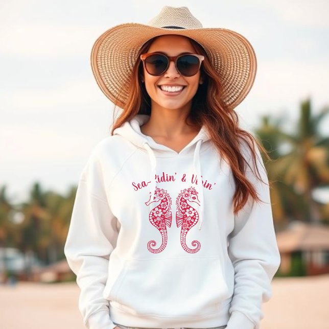 Seahorses-Fisherman Core-Hawaiian Tropical-Red Hoodie (Sea Horse-Fisherman Core-Hawaiian-Tropical-Beach Hoodie-Summer Trend-Cherry Red)