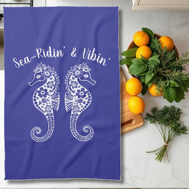 Seahorses-Hawaiian-Fisherman Core-Blue Tea Towel (Sea horses-Fisherman Core-Hawaiian-Tropical-Kitchen Towel-Beach House Decor-Deep Blue)