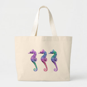 Seahorses in Blue Purple and Green Large Tote Bag