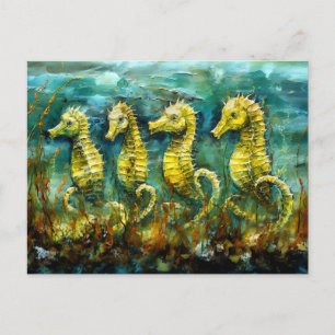 Seahorses in Expressive Ocean Oil Painting Postcard