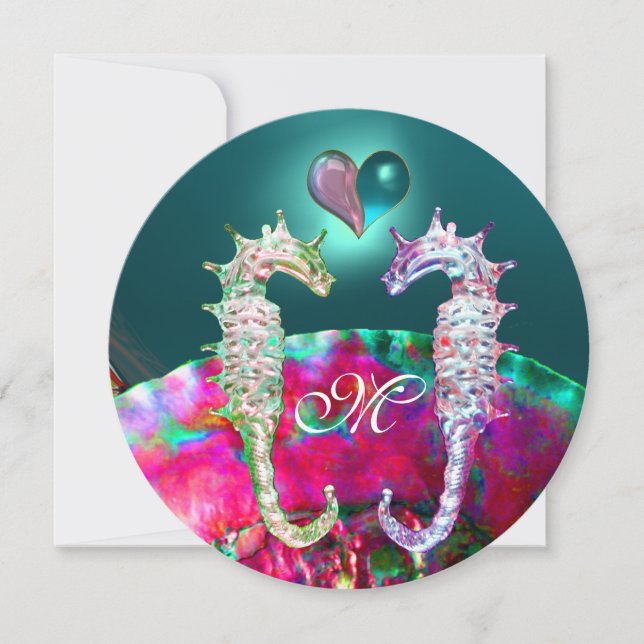 SEAHORSES IN LOVE BEACH WEDDING MONOGRAM INVITATION (Front)